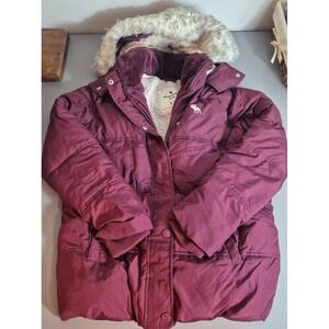 Abercrombie Kids Hooded Puffer Coat Girls 15/16 Faux Fur Trim Burgundy